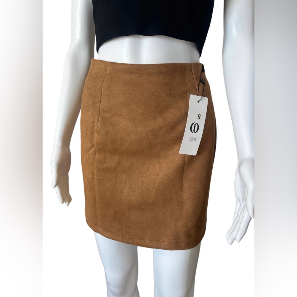 IDEALSANXUN Womens High Waist Bodycon Pencil Tan Faux Suede Mini Skirt - Small